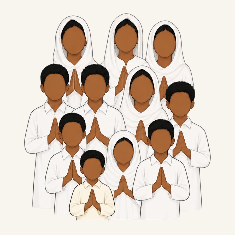 The faithful of the Church, men, women and children, standing together in prayer